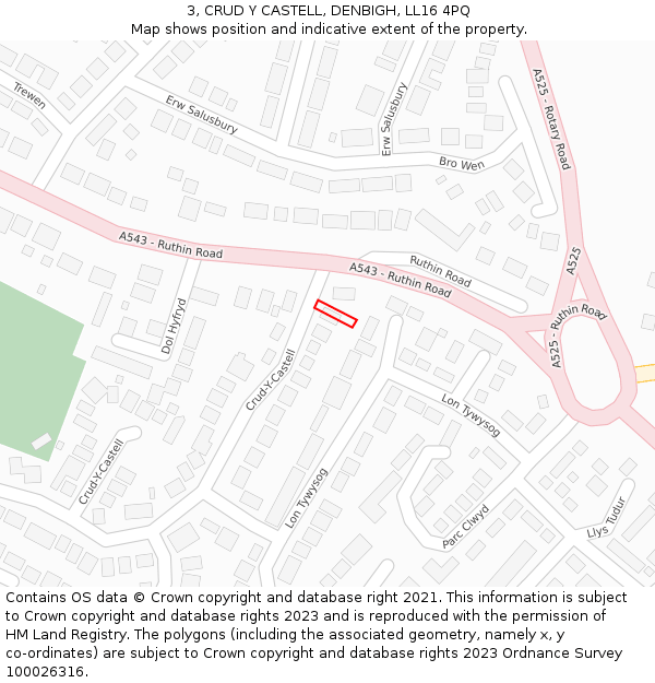 3, CRUD Y CASTELL, DENBIGH, LL16 4PQ: Location map and indicative extent of plot