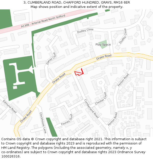 3, CUMBERLAND ROAD, CHAFFORD HUNDRED, GRAYS, RM16 6ER: Location map and indicative extent of plot