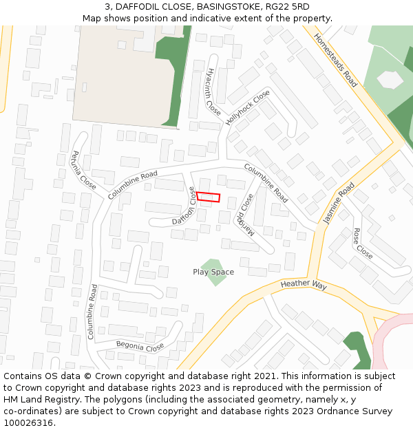 3, DAFFODIL CLOSE, BASINGSTOKE, RG22 5RD: Location map and indicative extent of plot