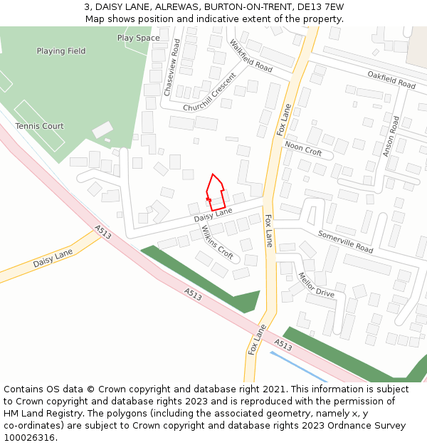 3, DAISY LANE, ALREWAS, BURTON-ON-TRENT, DE13 7EW: Location map and indicative extent of plot