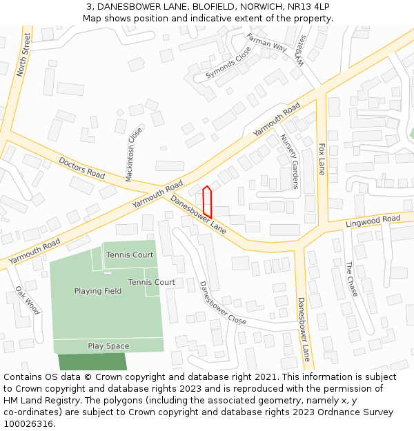 3, DANESBOWER LANE, BLOFIELD, NORWICH, NR13 4LP: Location map and indicative extent of plot