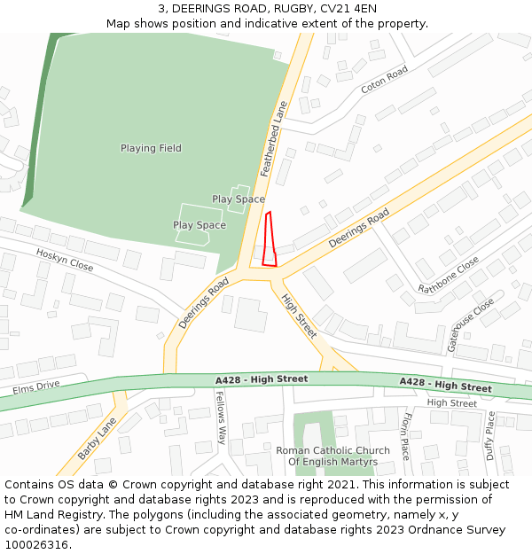 3, DEERINGS ROAD, RUGBY, CV21 4EN: Location map and indicative extent of plot