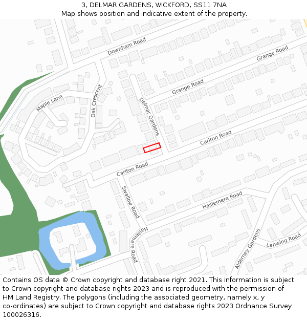 3, DELMAR GARDENS, WICKFORD, SS11 7NA: Location map and indicative extent of plot