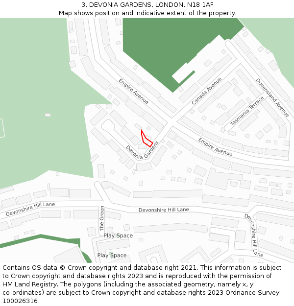 3, DEVONIA GARDENS, LONDON, N18 1AF: Location map and indicative extent of plot