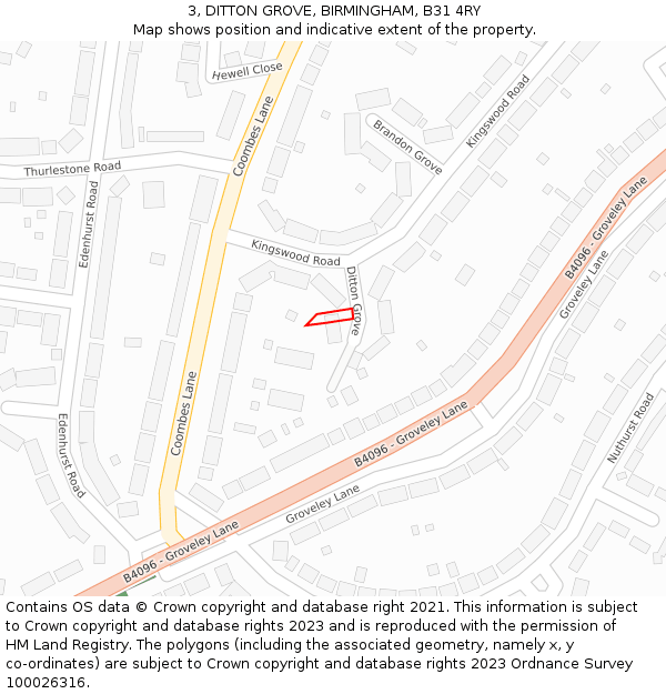 3, DITTON GROVE, BIRMINGHAM, B31 4RY: Location map and indicative extent of plot