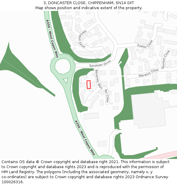 3, DONCASTER CLOSE, CHIPPENHAM, SN14 0XT: Location map and indicative extent of plot