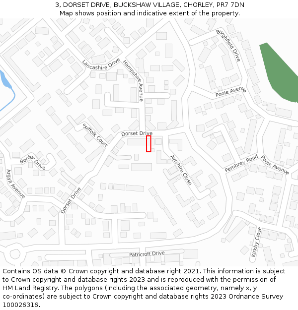 3, DORSET DRIVE, BUCKSHAW VILLAGE, CHORLEY, PR7 7DN: Location map and indicative extent of plot