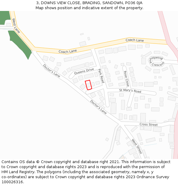 3, DOWNS VIEW CLOSE, BRADING, SANDOWN, PO36 0JA: Location map and indicative extent of plot