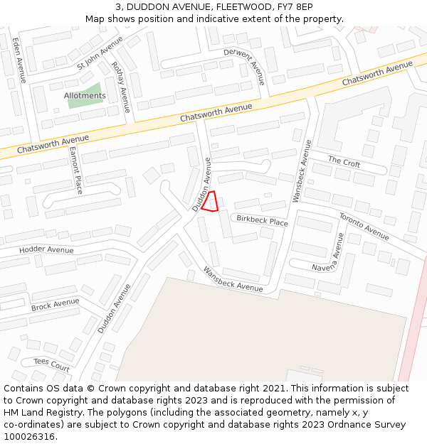 3, DUDDON AVENUE, FLEETWOOD, FY7 8EP: Location map and indicative extent of plot