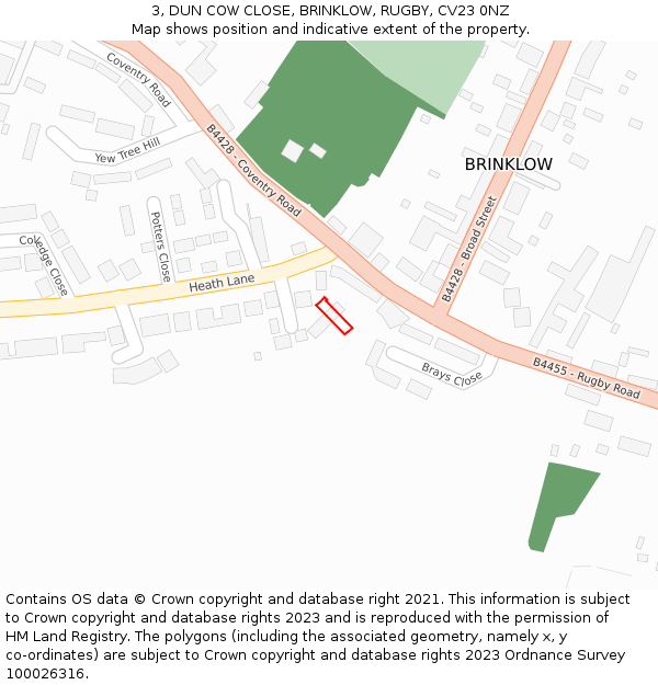 3, DUN COW CLOSE, BRINKLOW, RUGBY, CV23 0NZ: Location map and indicative extent of plot