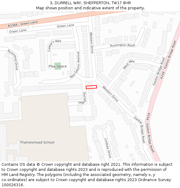 3, DURRELL WAY, SHEPPERTON, TW17 8HR: Location map and indicative extent of plot