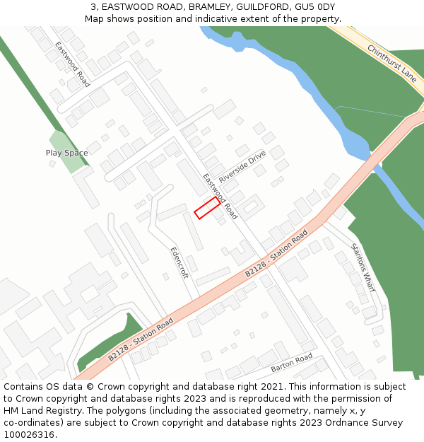 3, EASTWOOD ROAD, BRAMLEY, GUILDFORD, GU5 0DY: Location map and indicative extent of plot