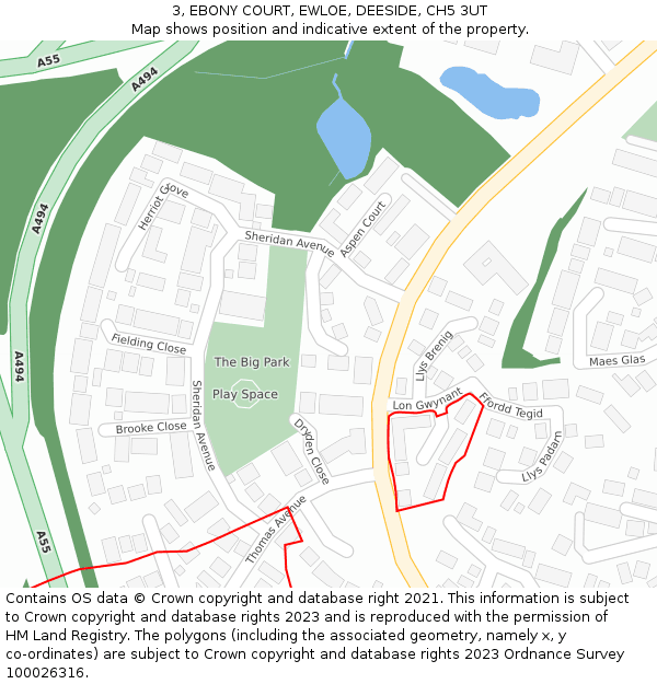 3, EBONY COURT, EWLOE, DEESIDE, CH5 3UT: Location map and indicative extent of plot