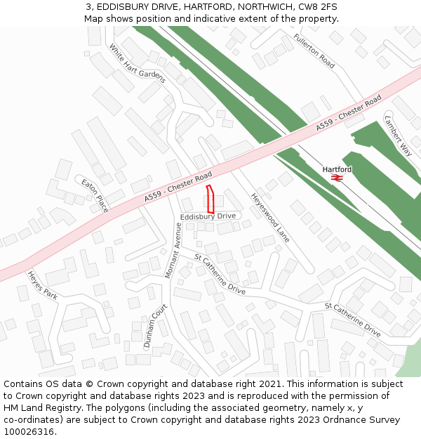 3, EDDISBURY DRIVE, HARTFORD, NORTHWICH, CW8 2FS: Location map and indicative extent of plot