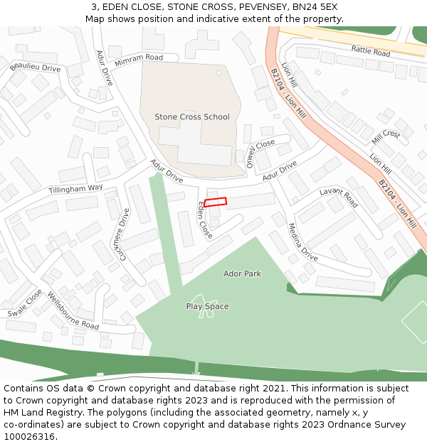 3, EDEN CLOSE, STONE CROSS, PEVENSEY, BN24 5EX: Location map and indicative extent of plot