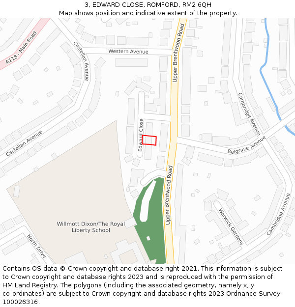 3, EDWARD CLOSE, ROMFORD, RM2 6QH: Location map and indicative extent of plot