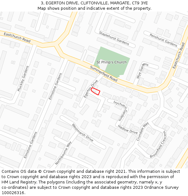 3, EGERTON DRIVE, CLIFTONVILLE, MARGATE, CT9 3YE: Location map and indicative extent of plot