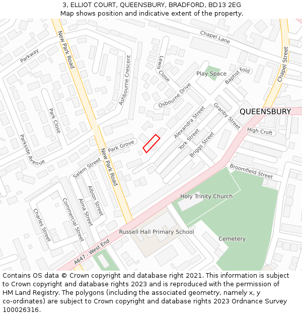 3, ELLIOT COURT, QUEENSBURY, BRADFORD, BD13 2EG: Location map and indicative extent of plot