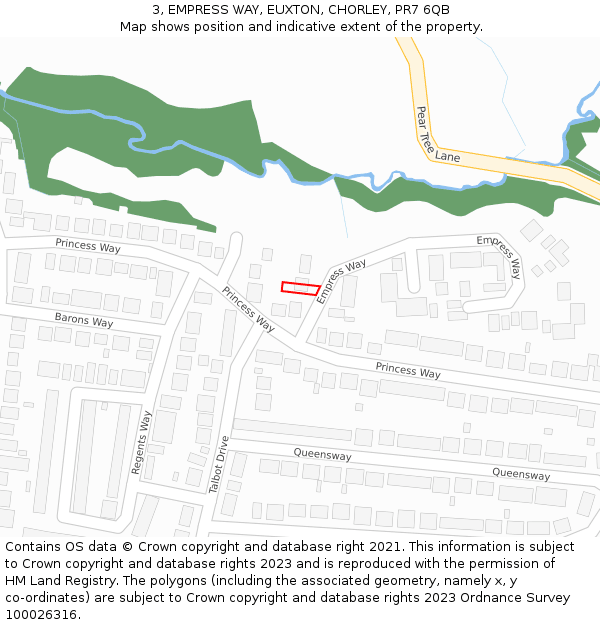 3, EMPRESS WAY, EUXTON, CHORLEY, PR7 6QB: Location map and indicative extent of plot