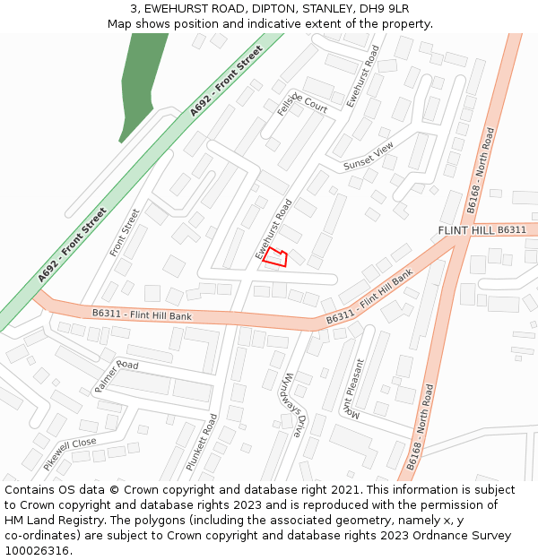 3, EWEHURST ROAD, DIPTON, STANLEY, DH9 9LR: Location map and indicative extent of plot