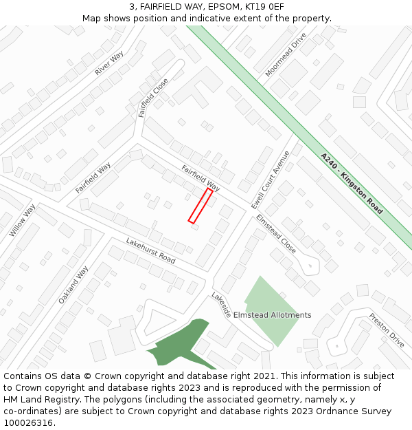 3, FAIRFIELD WAY, EPSOM, KT19 0EF: Location map and indicative extent of plot