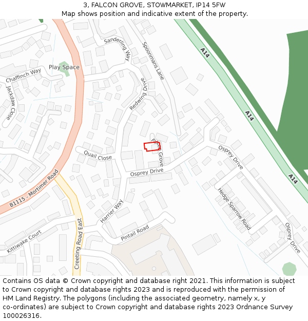 3, FALCON GROVE, STOWMARKET, IP14 5FW: Location map and indicative extent of plot