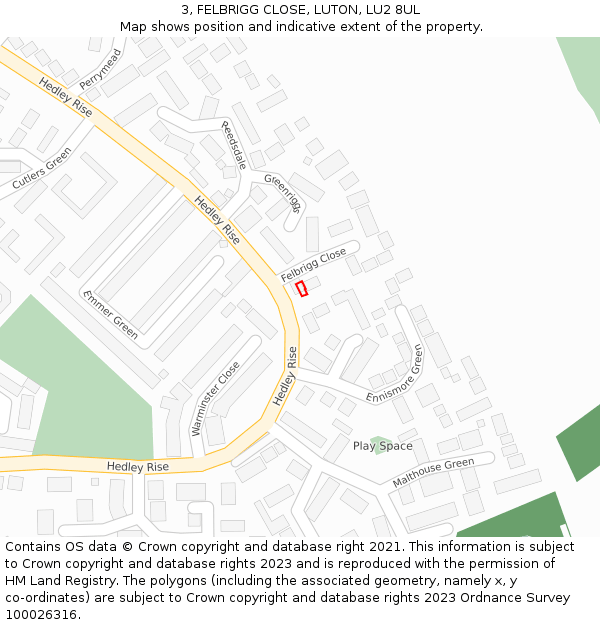 3, FELBRIGG CLOSE, LUTON, LU2 8UL: Location map and indicative extent of plot