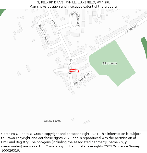 3, FELKIRK DRIVE, RYHILL, WAKEFIELD, WF4 2PL: Location map and indicative extent of plot