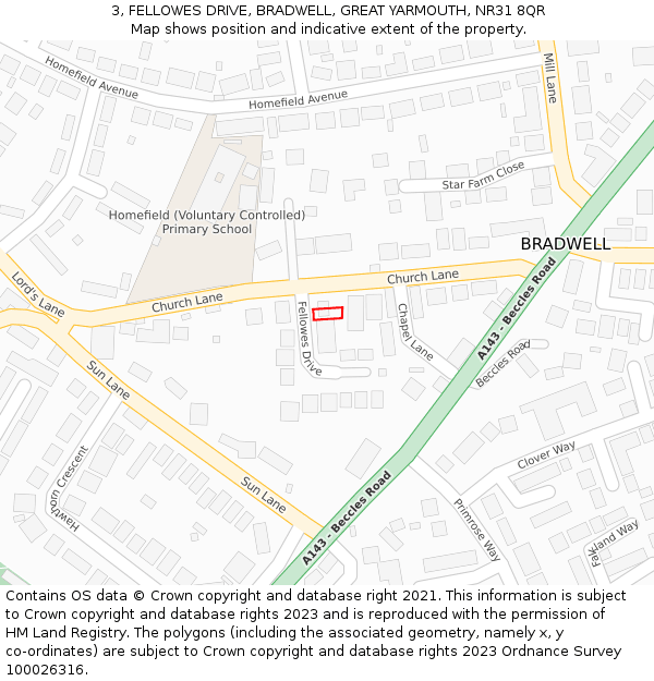 3, FELLOWES DRIVE, BRADWELL, GREAT YARMOUTH, NR31 8QR: Location map and indicative extent of plot