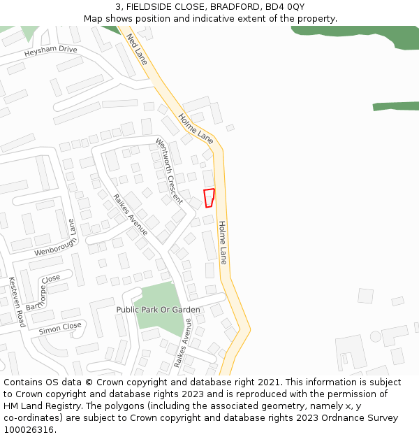 3, FIELDSIDE CLOSE, BRADFORD, BD4 0QY: Location map and indicative extent of plot
