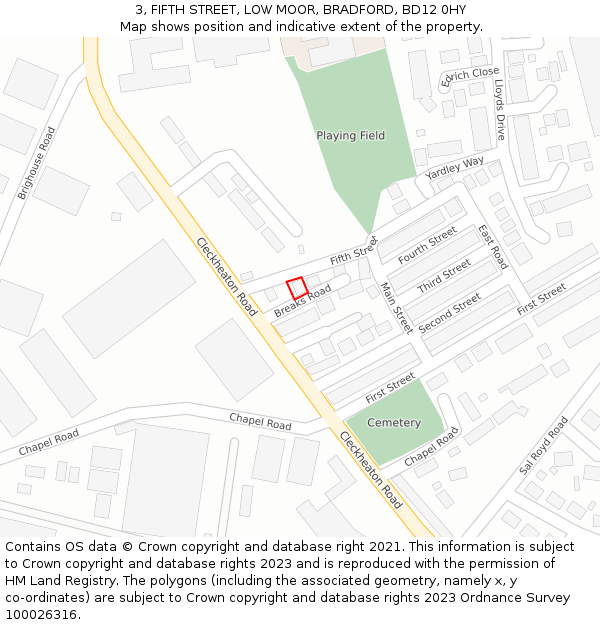 3, FIFTH STREET, LOW MOOR, BRADFORD, BD12 0HY: Location map and indicative extent of plot