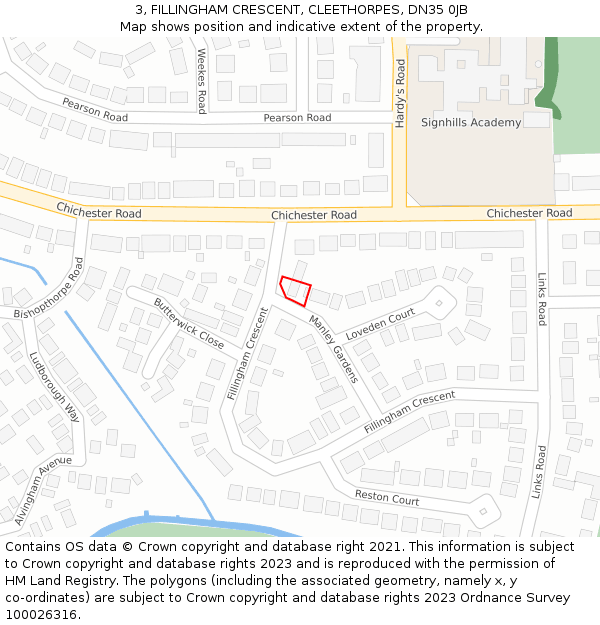 3, FILLINGHAM CRESCENT, CLEETHORPES, DN35 0JB: Location map and indicative extent of plot