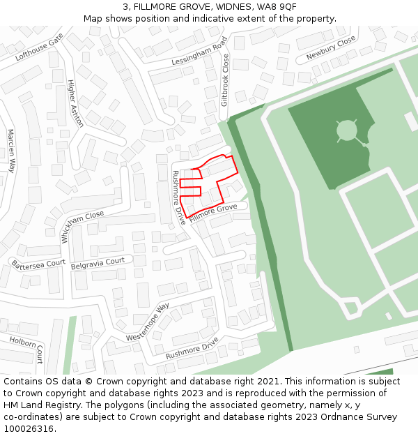 3, FILLMORE GROVE, WIDNES, WA8 9QF: Location map and indicative extent of plot