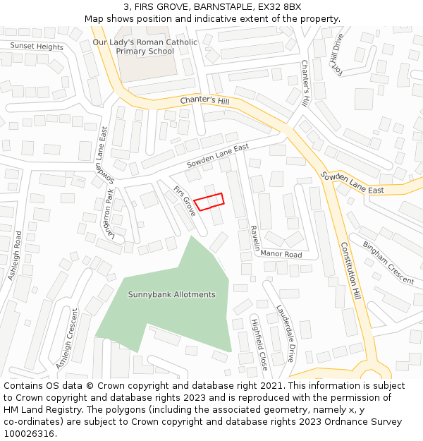 3, FIRS GROVE, BARNSTAPLE, EX32 8BX: Location map and indicative extent of plot