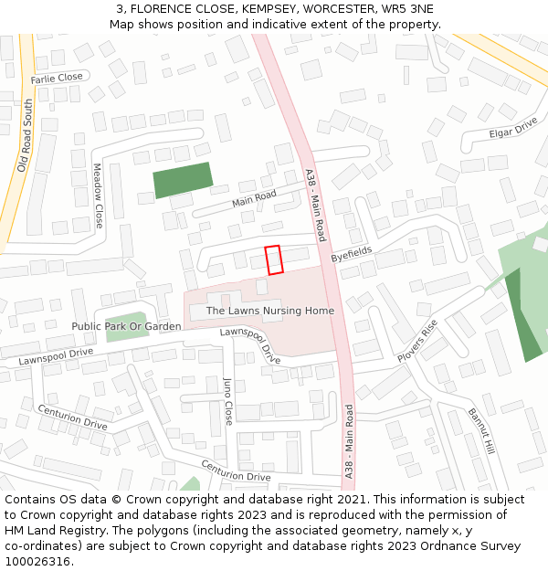 3, FLORENCE CLOSE, KEMPSEY, WORCESTER, WR5 3NE: Location map and indicative extent of plot