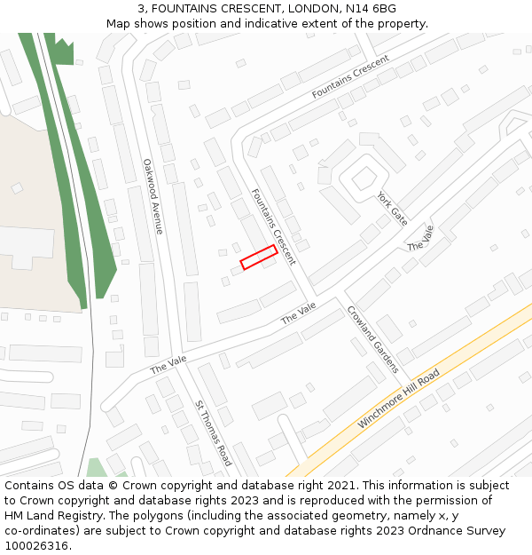 3, FOUNTAINS CRESCENT, LONDON, N14 6BG: Location map and indicative extent of plot