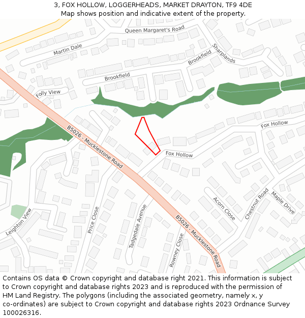 3, FOX HOLLOW, LOGGERHEADS, MARKET DRAYTON, TF9 4DE: Location map and indicative extent of plot