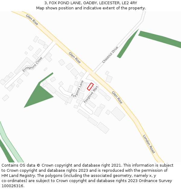 3, FOX POND LANE, OADBY, LEICESTER, LE2 4RY: Location map and indicative extent of plot