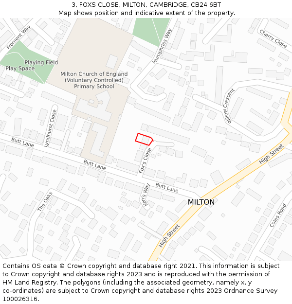 3, FOXS CLOSE, MILTON, CAMBRIDGE, CB24 6BT: Location map and indicative extent of plot