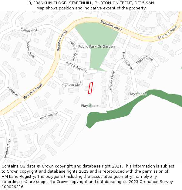 3, FRANKLIN CLOSE, STAPENHILL, BURTON-ON-TRENT, DE15 9AN: Location map and indicative extent of plot