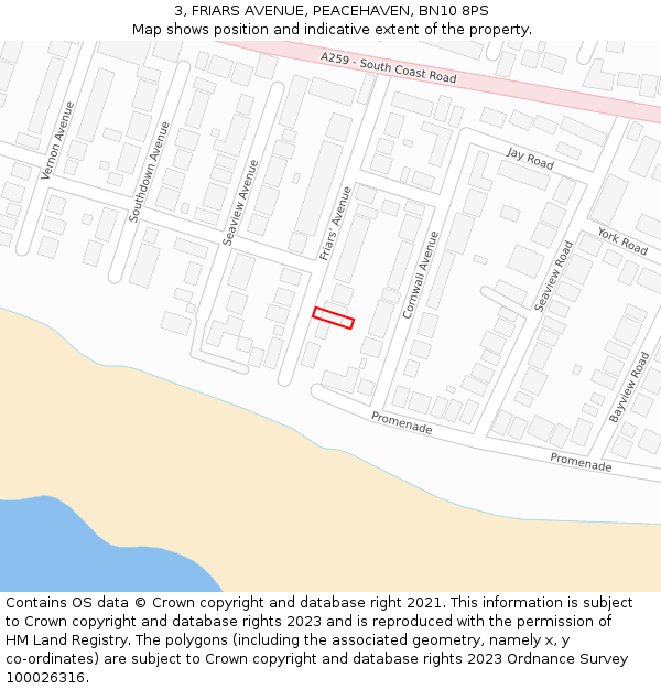 3, FRIARS AVENUE, PEACEHAVEN, BN10 8PS: Location map and indicative extent of plot