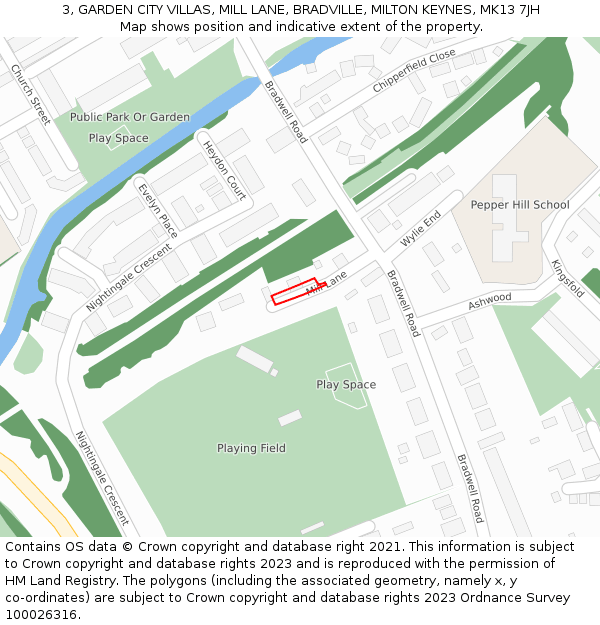 3, GARDEN CITY VILLAS, MILL LANE, BRADVILLE, MILTON KEYNES, MK13 7JH: Location map and indicative extent of plot