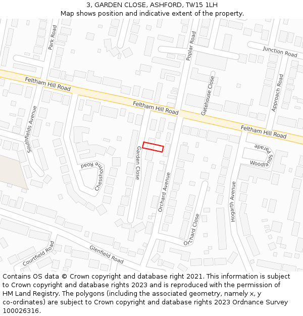 3, GARDEN CLOSE, ASHFORD, TW15 1LH: Location map and indicative extent of plot