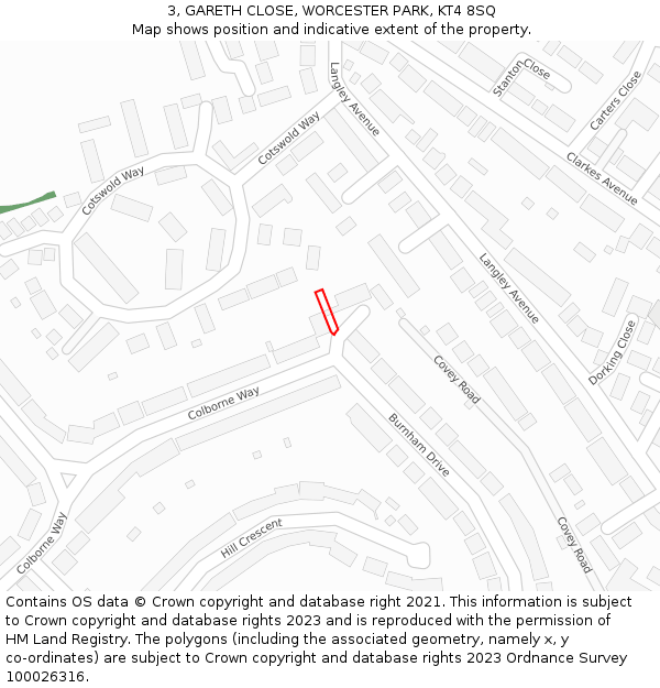 3, GARETH CLOSE, WORCESTER PARK, KT4 8SQ: Location map and indicative extent of plot