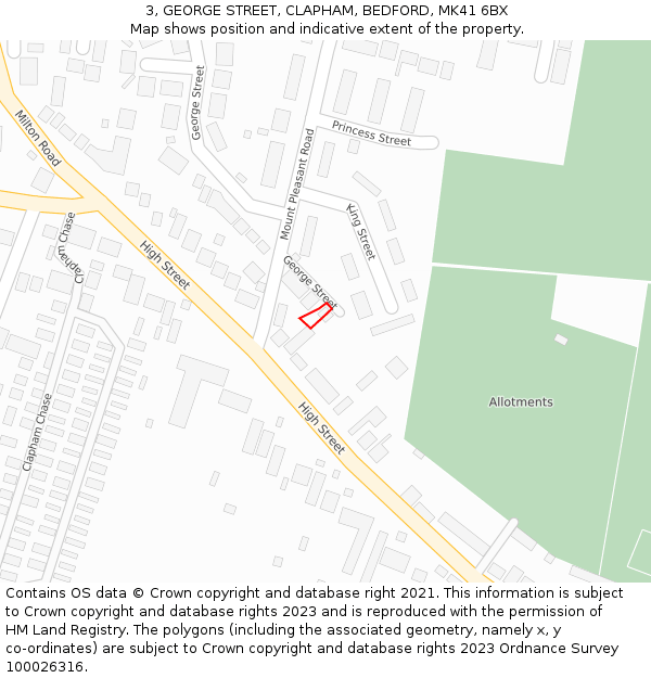 3, GEORGE STREET, CLAPHAM, BEDFORD, MK41 6BX: Location map and indicative extent of plot