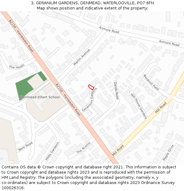 3, GERANIUM GARDENS, DENMEAD, WATERLOOVILLE, PO7 6FN: Location map and indicative extent of plot