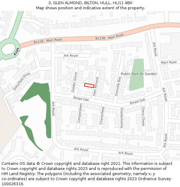 3, GLEN ALMOND, BILTON, HULL, HU11 4BX: Location map and indicative extent of plot