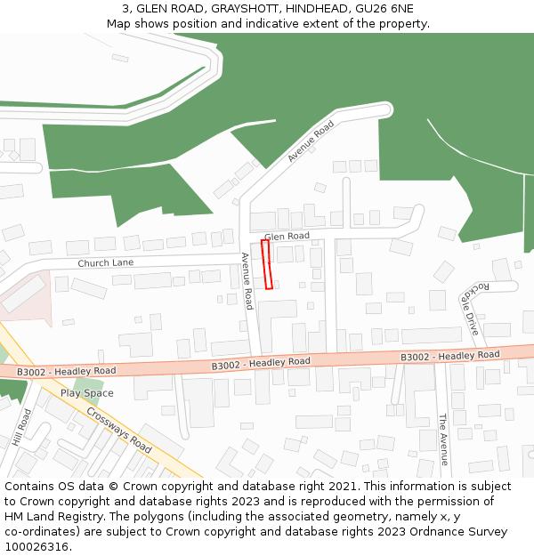 3, GLEN ROAD, GRAYSHOTT, HINDHEAD, GU26 6NE: Location map and indicative extent of plot