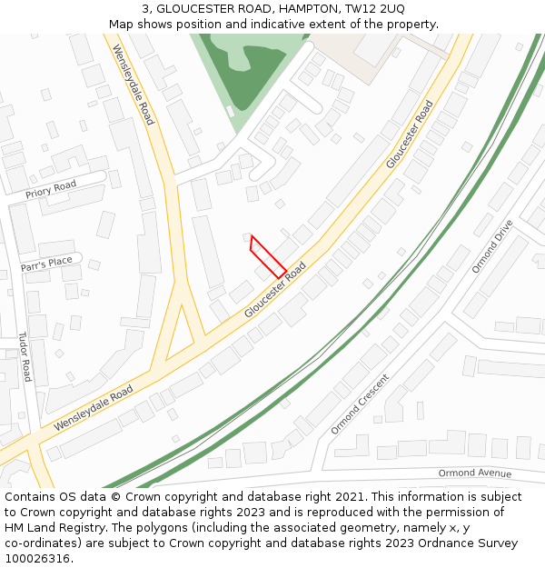 3, GLOUCESTER ROAD, HAMPTON, TW12 2UQ: Location map and indicative extent of plot