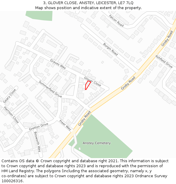 3, GLOVER CLOSE, ANSTEY, LEICESTER, LE7 7LQ: Location map and indicative extent of plot